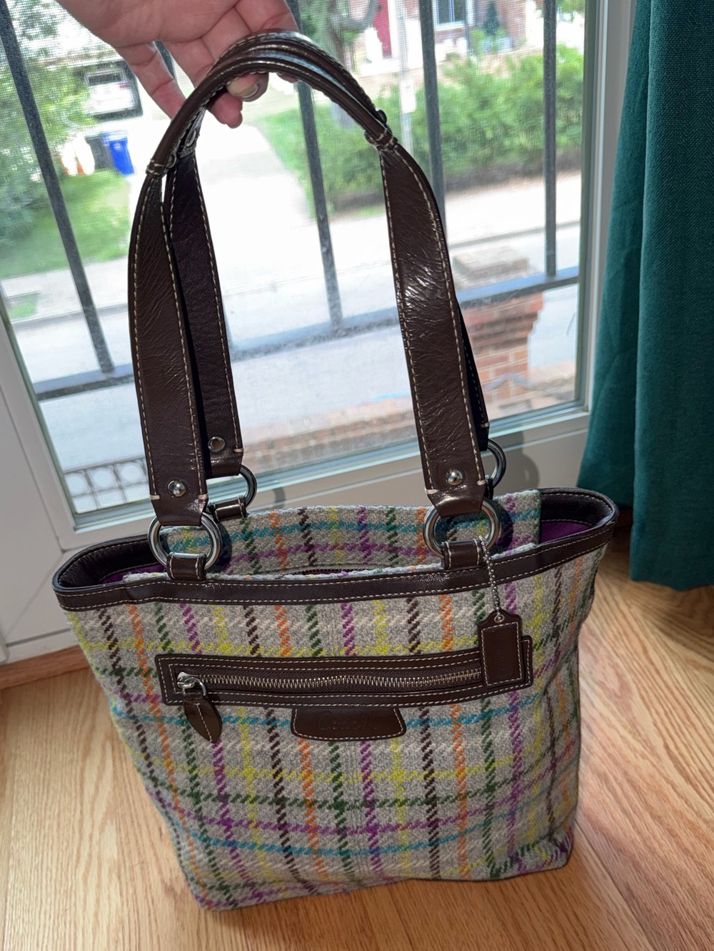 Coach Multicolor Plaid Wool Leather Shoulder Tote Bag Y2K